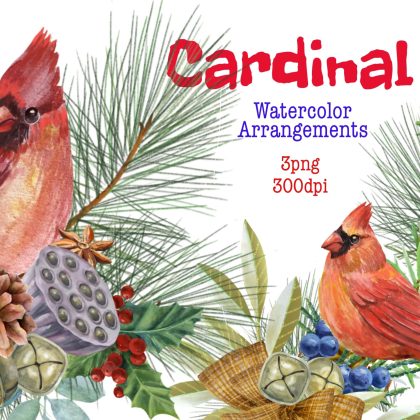 Christmas red cardinal, winter bouquets, watercolor,png