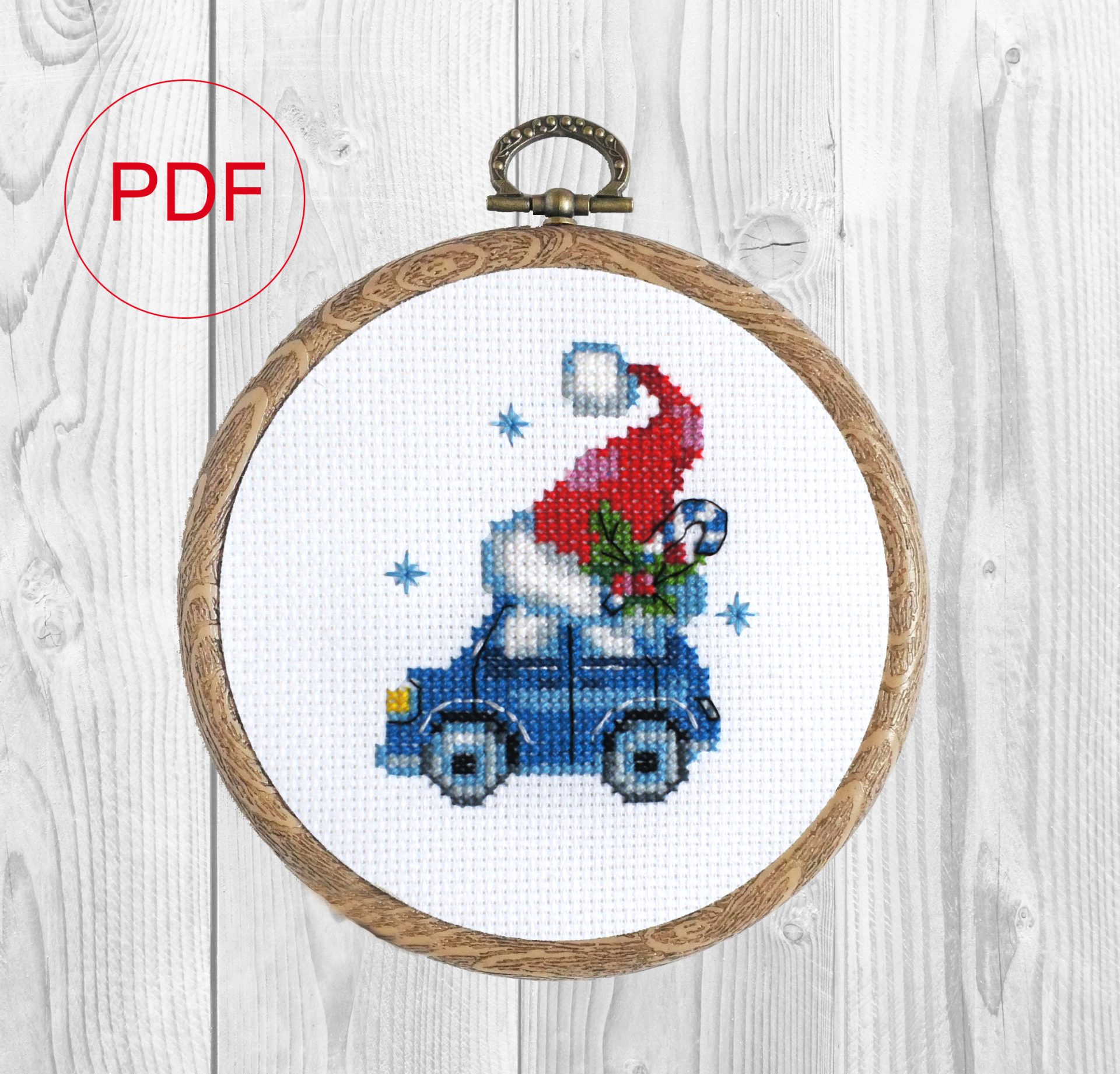 Tiny cross stitch pattern Blue Christmas Car 1 Cross stitch pattern blue christmas car