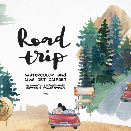 Road trip clipart, Watercolor car travel illustration