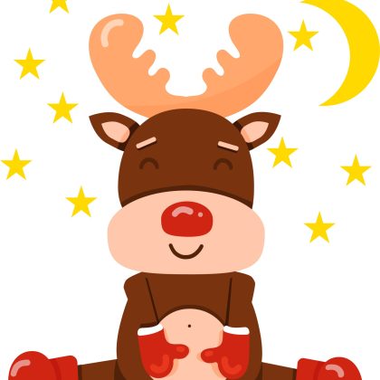 An illustration of a cute cartoon sleeping Rudolph fawn