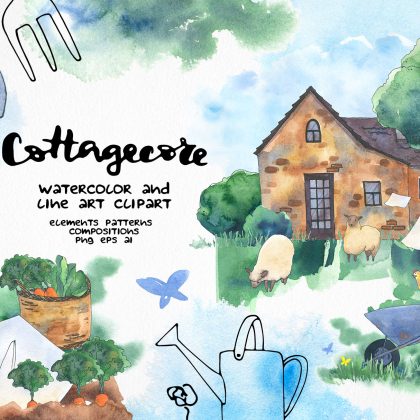 Cottagecore farm clipart, Summer country house illustrations
