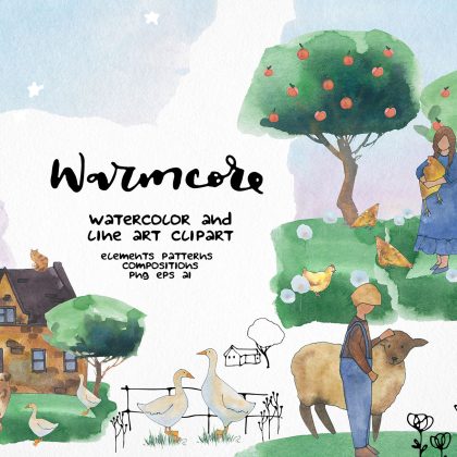Watercolor farm clipart, Cottagecore illustration