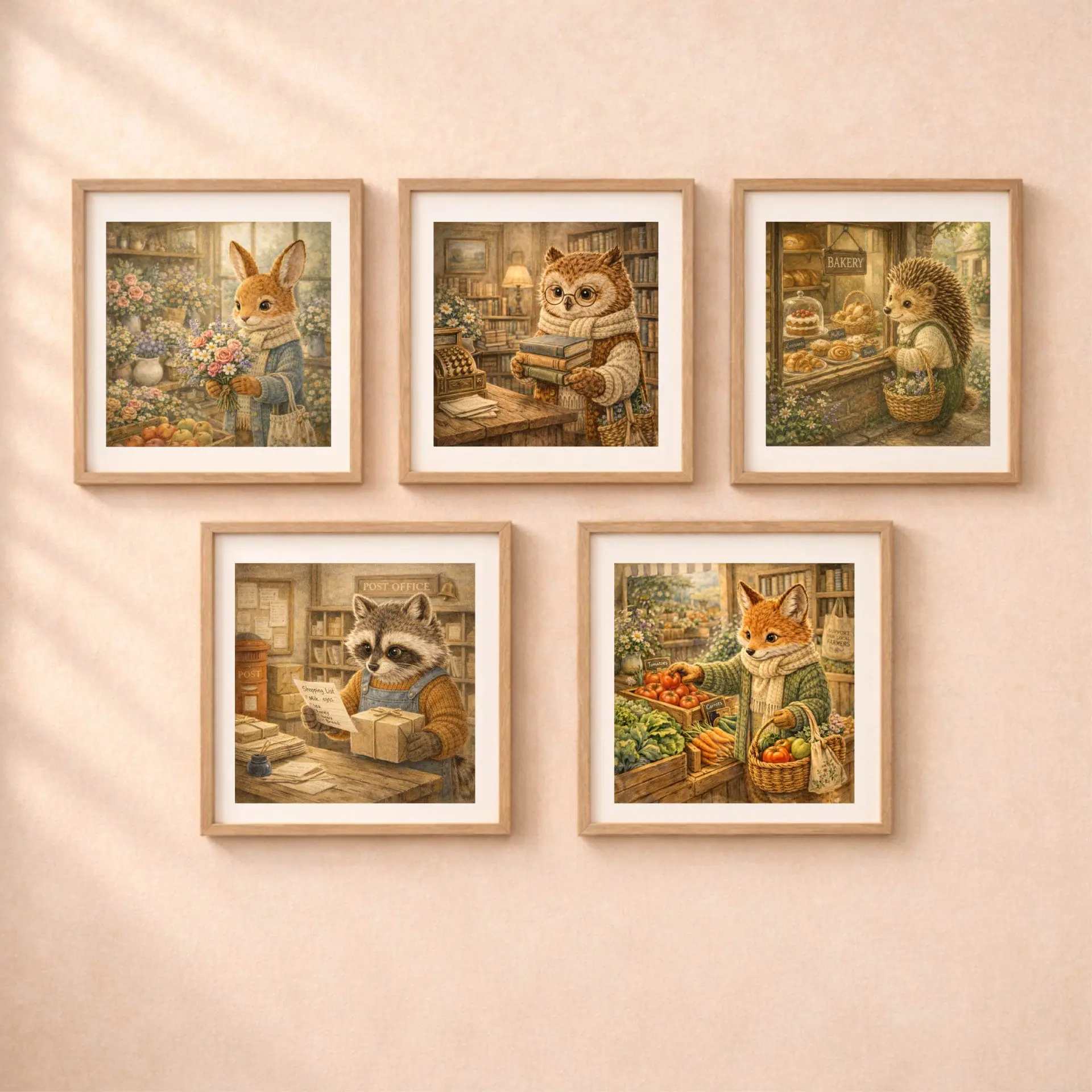 Woodland Owl Bookstore Wall Art Printable Decor 6 woodland shopping stories wall art set owl rabbit fox raccoon hedgehog printable