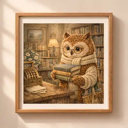 woodland owl bookstore wall art printable nursery decor cottagecore animal illustration