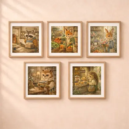 woodland shopping wall art set printable nursery decor fox owl rabbit raccoon hedgehog
