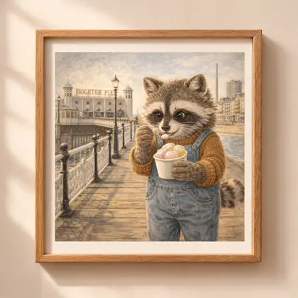 Raccoon Brighton printable wall art with cozy woodland animal on Brighton Pier in vintage cottagecore style