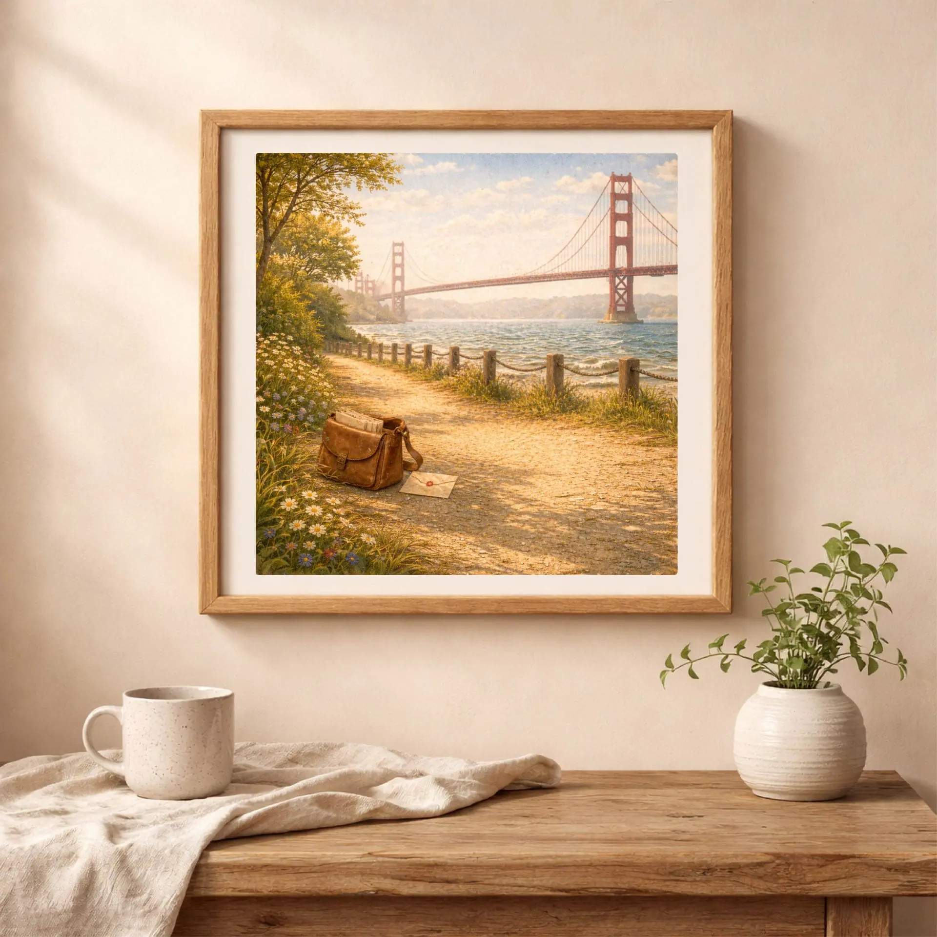 Woodland San Francisco Wall Art Printable Golden Gate Decor 2 San Francisco printable wall art displayed in cozy neutral interior