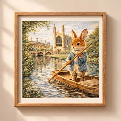 Rabbit Cambridge printable wall art with woodland rabbit rowing boat on River Cam in vintage cottagecore style