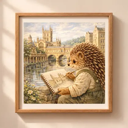 Hedgehog Bath printable wall art featuring woodland hedgehog sketching beside historic Bath river architecture