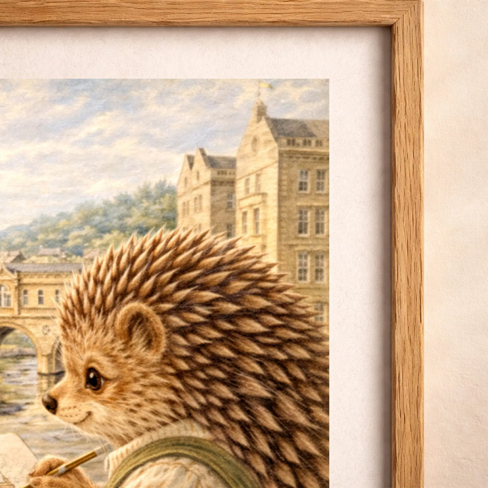 Hedgehog Bath Printable Wall Art Woodland UK Travel Decor 4 Close-up of hedgehog Bath printable artwork with painterly storybook texture