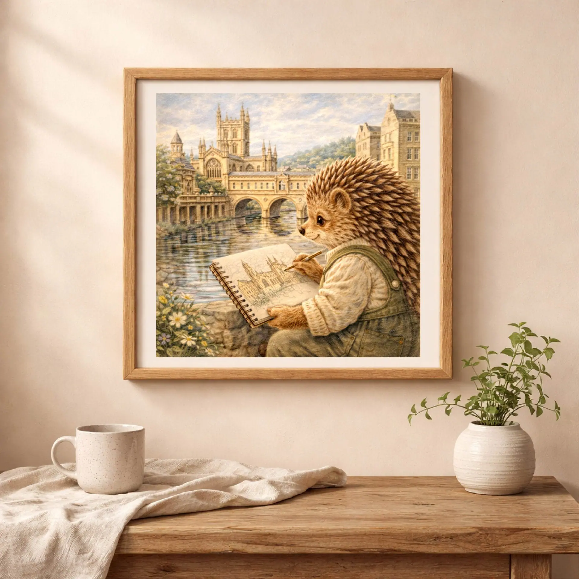 Hedgehog Bath Printable Wall Art Woodland UK Travel Decor 2 Woodland hedgehog Bath nursery wall art printable in cozy cottagecore interior