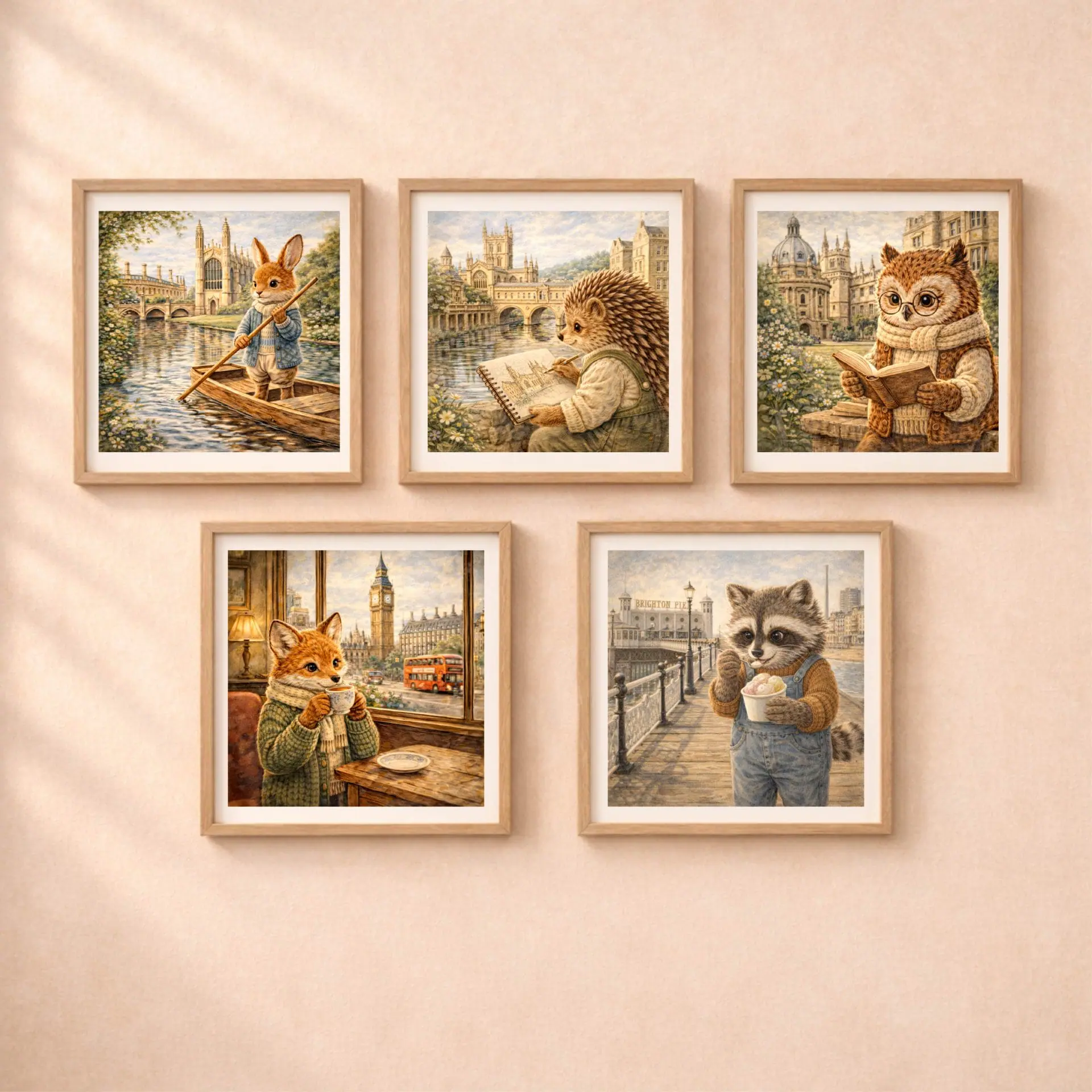 Hedgehog Bath Printable Wall Art Woodland UK Travel Decor 6 Quiet Woodland UK travel wall art set with hedgehog rabbit owl fox and raccoon illustrations