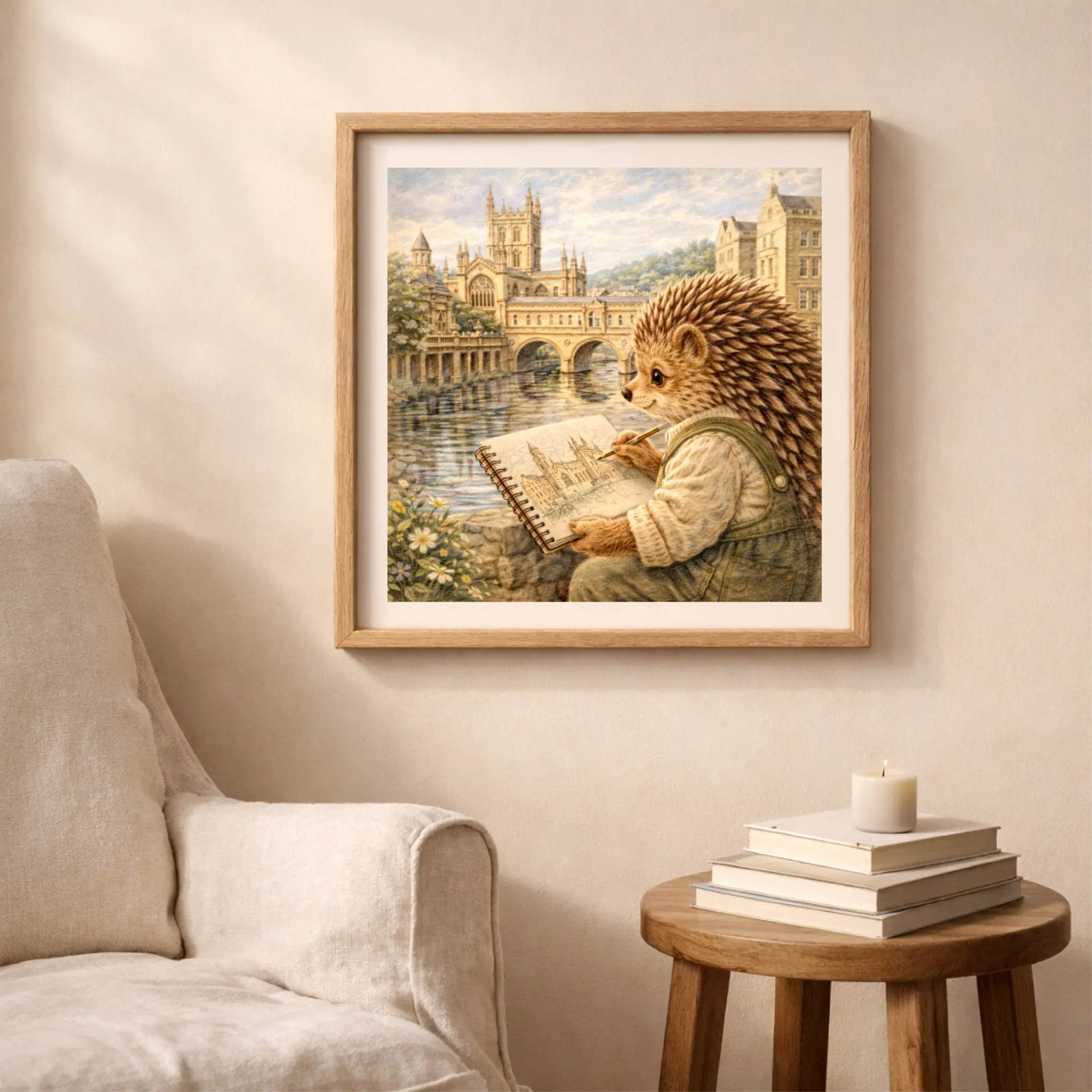 Hedgehog Bath Printable Wall Art Woodland UK Travel Decor 3 Bath England hedgehog printable wall art in soft neutral cottagecore nursery room