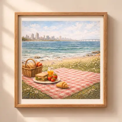 Woodland San Diego Wall Art Printable with coastal beach picnic scene
