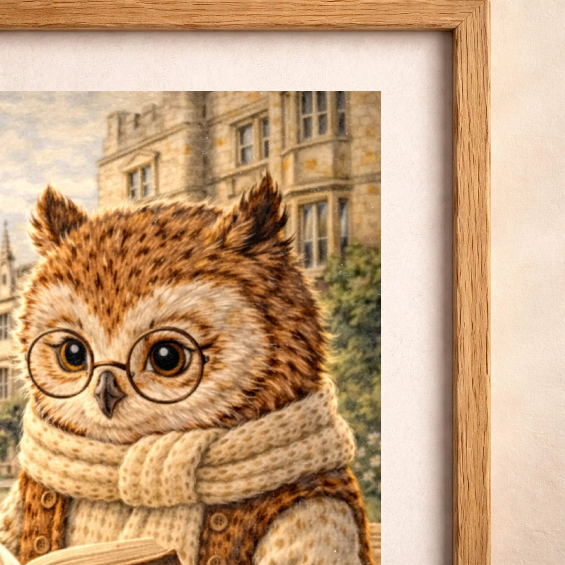 Owl Oxford Printable Wall Art Woodland UK Travel Decor 4 Close-up of owl Oxford printable artwork with soft storybook texture and warm details
