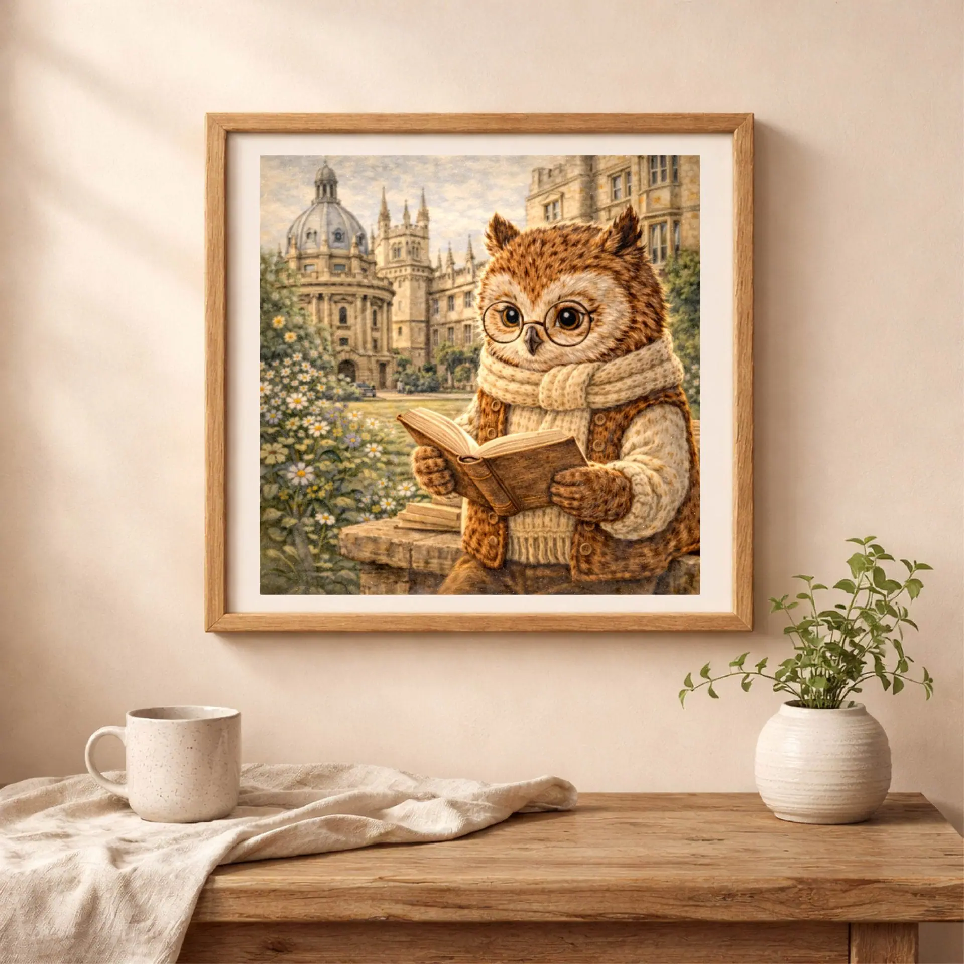 Owl Oxford Printable Wall Art Woodland UK Travel Decor 2 Woodland owl Oxford nursery printable wall art in cozy cottagecore interior