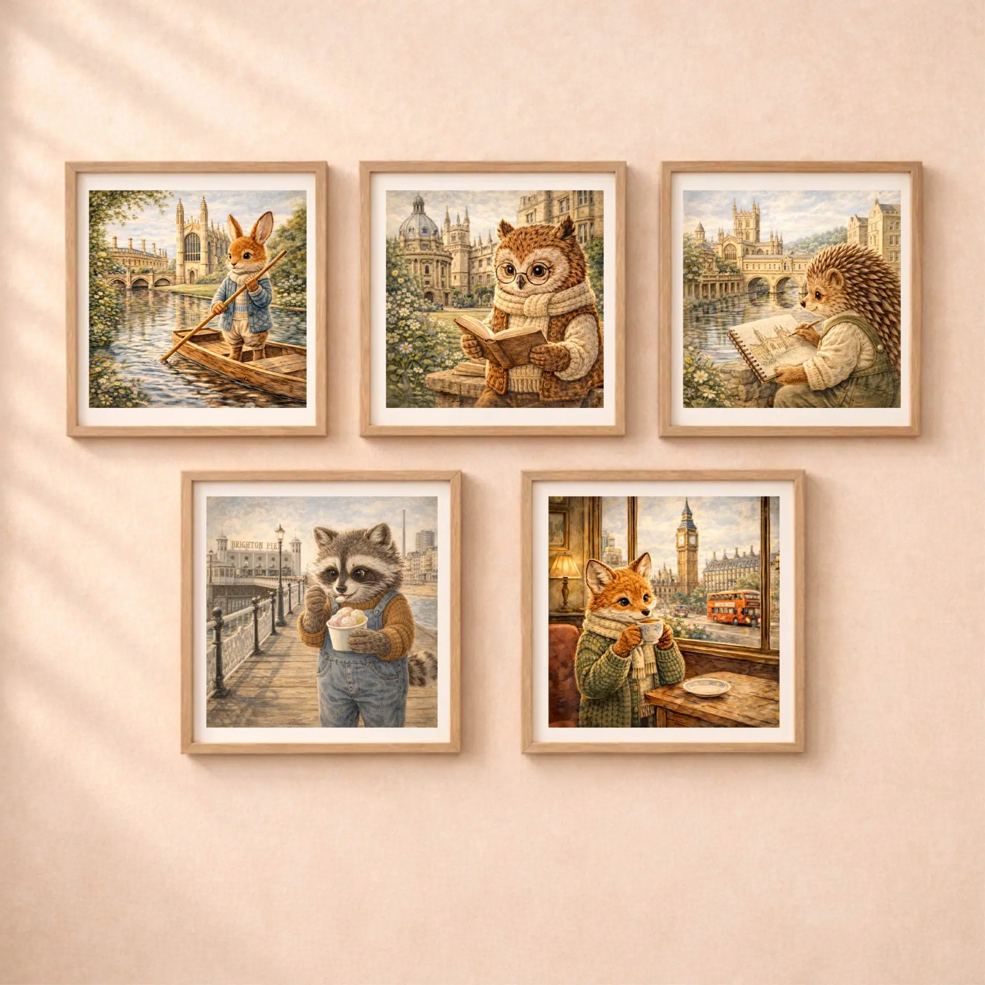 Owl Oxford Printable Wall Art Woodland UK Travel Decor 6 Quiet Woodland UK travel gallery wall with owl fox rabbit hedgehog and raccoon illustrations