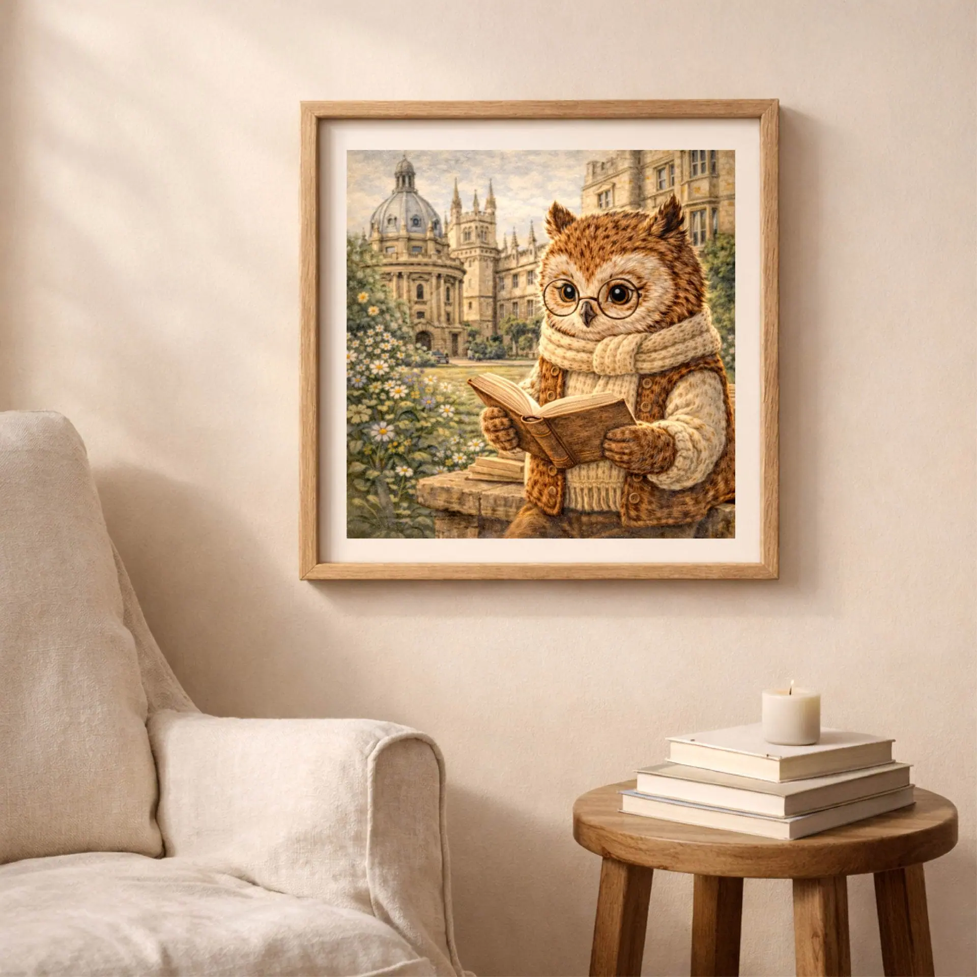 Owl Oxford Printable Wall Art Woodland UK Travel Decor 3 Oxford England owl printable wall art in soft cottagecore nursery room