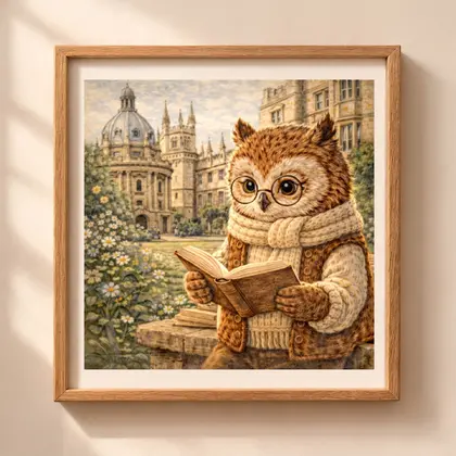 Owl Oxford printable wall art featuring woodland owl reading near historic Oxford university buildings