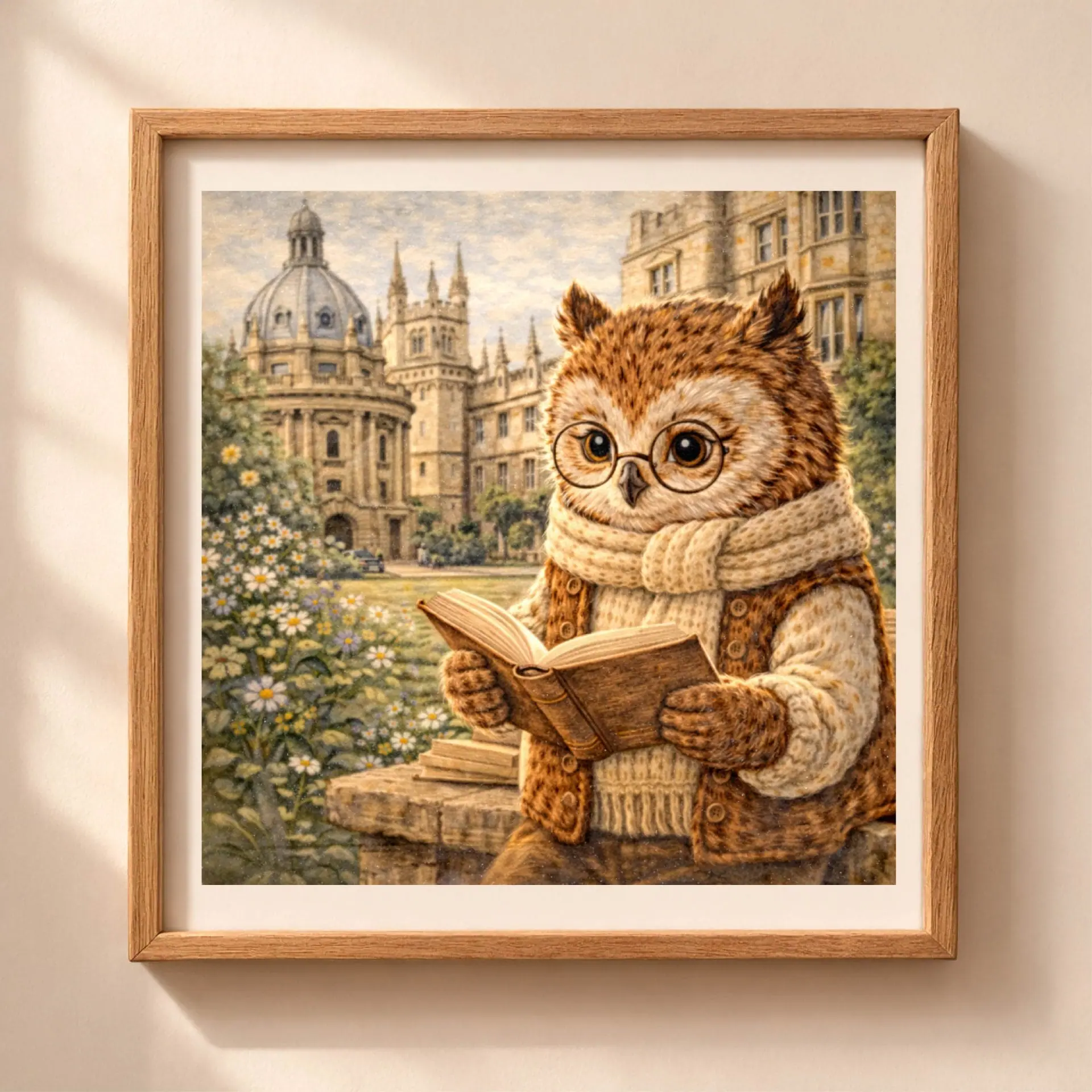 Owl Oxford Printable Wall Art Woodland UK Travel Decor 1 Owl Oxford printable wall art featuring woodland owl reading near historic Oxford university buildings