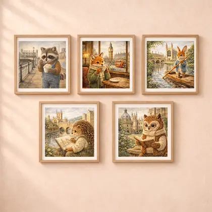 Woodland UK travel wall art set featuring fox raccoon rabbit hedgehog and owl illustrations