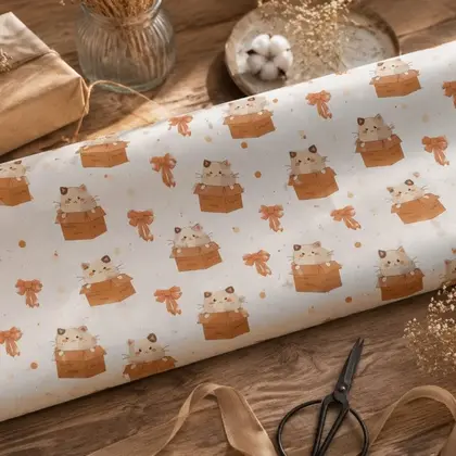 Kawaii Cat Seamless Pattern with Gift Boxes for Kids Fabric