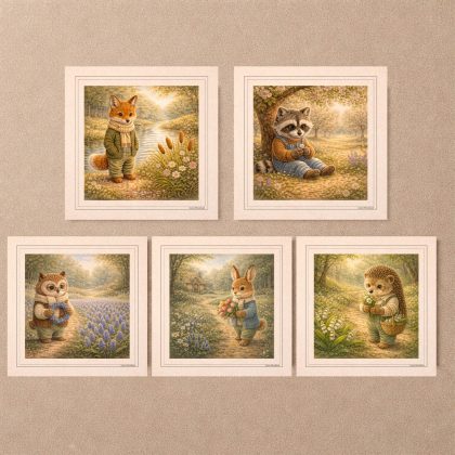Woodland Spring Walk Printable Postcards Cottagecore set featuring fox, raccoon, rabbit, owl and hedgehog Quiet Woodland illustrations