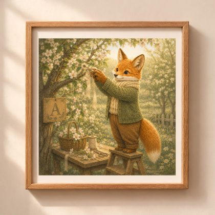 Woodland Fox Monogram Wall Art Printable Nursery Decor with apple blossom tree and cottagecore fox illustration
