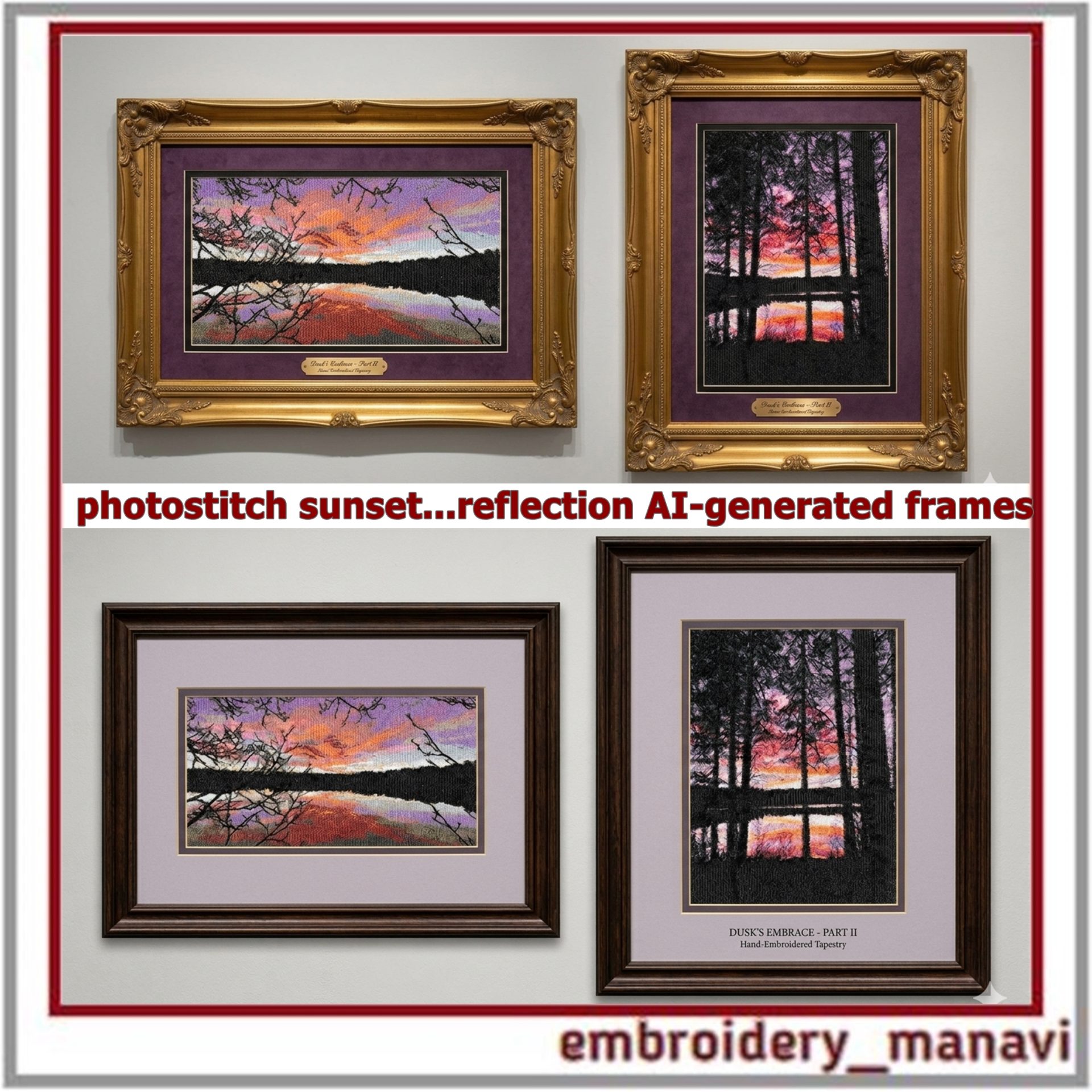 Photostitch sunset reflection machine embroidery design set 1 Two photostitch sunset reflection embroidery designs capture nature’s calm beauty. Perfect handmade gifts. Instant download. Embroidery Manavi 05.