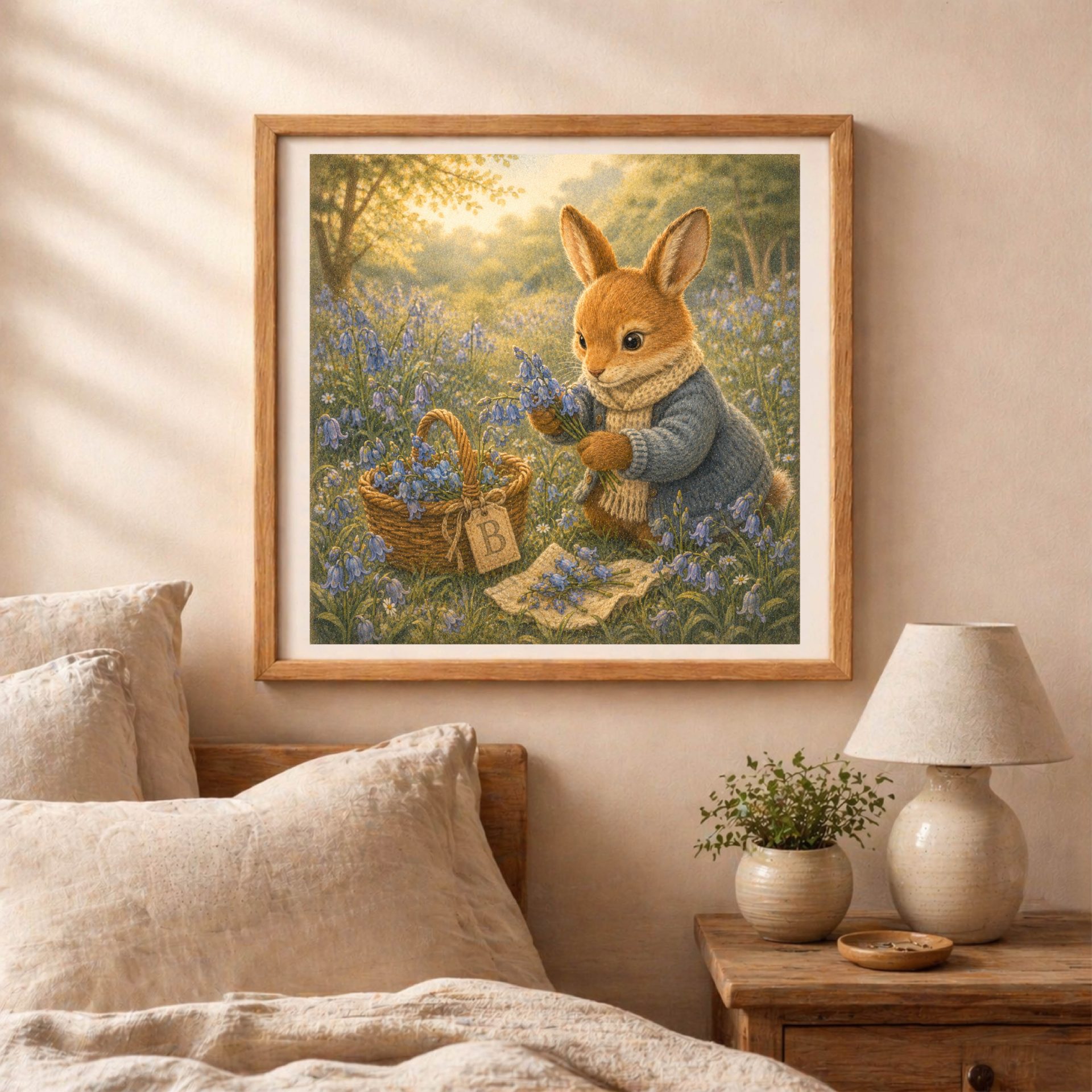 Woodland Bunny Monogram B Wall Art Printable Nursery Decor 6 Woodland Bunny Printable Wall Art displayed in cozy cottagecore bedroom interior