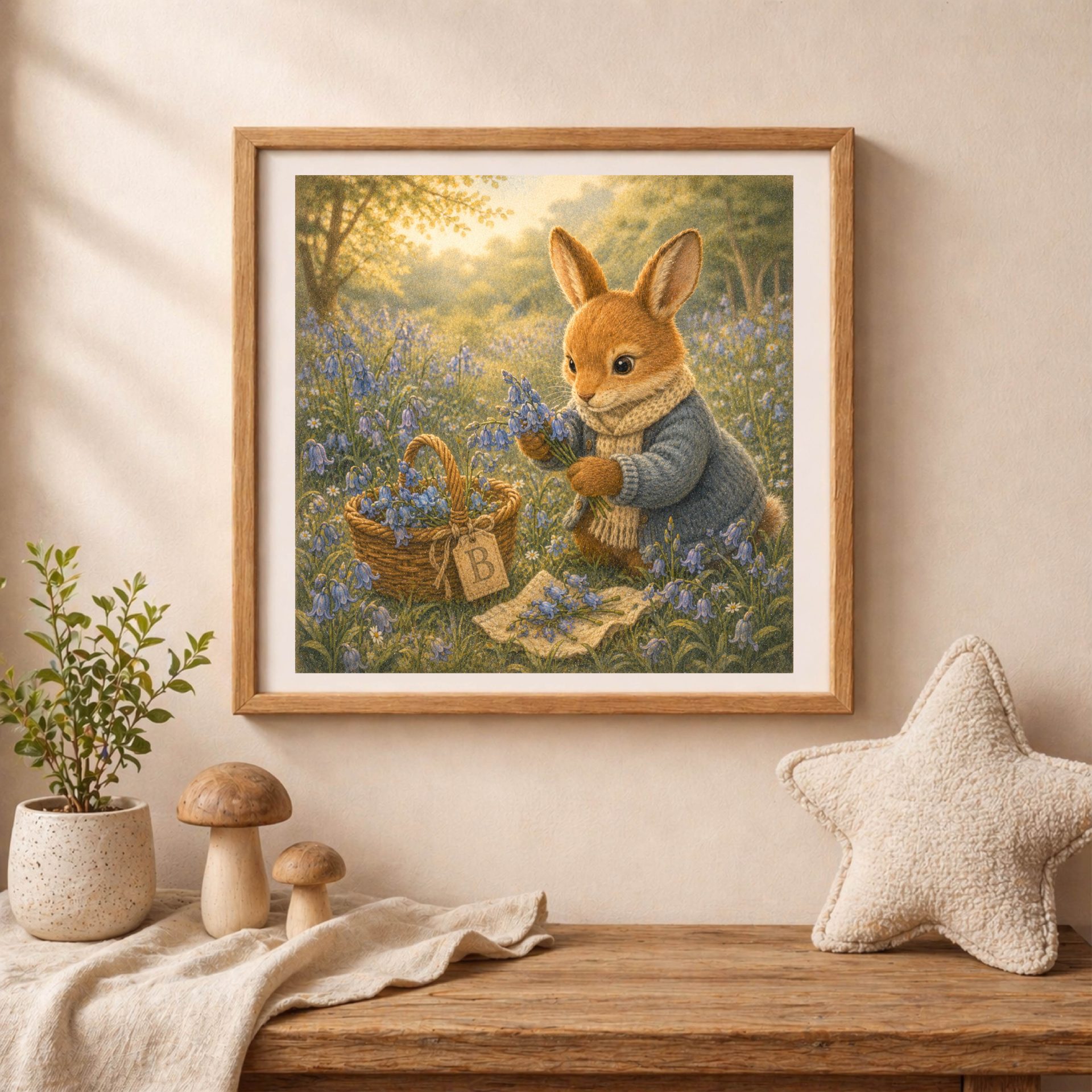 Woodland Bunny Monogram B Wall Art Printable Nursery Decor 5 Quiet Woodland bunny monogram wall art printable with bluebell meadow illustration