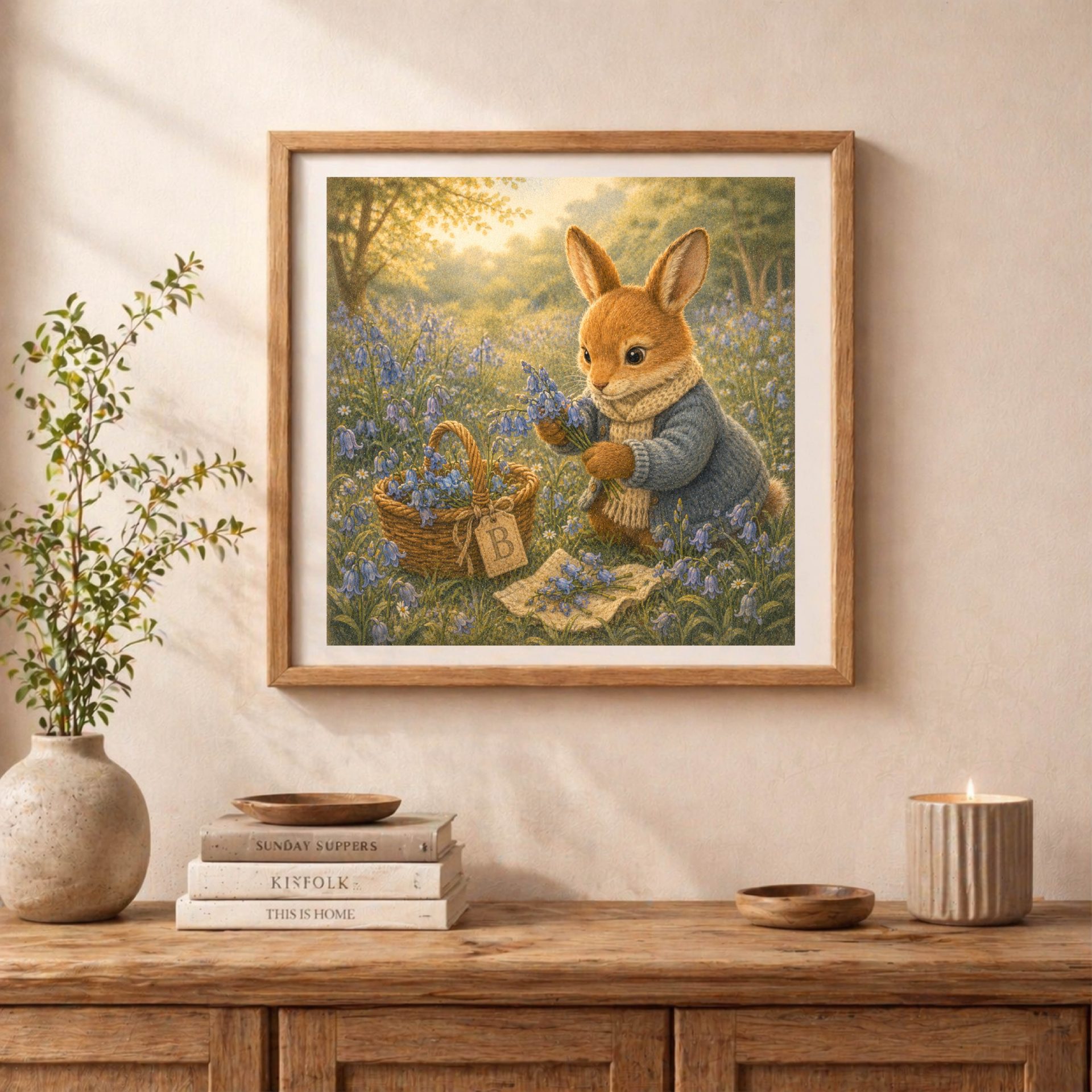 Woodland Bunny Monogram B Wall Art Printable Nursery Decor 3 Woodland Bunny Cottagecore Wall Art Printable with bluebell flowers in vintage nursery decor