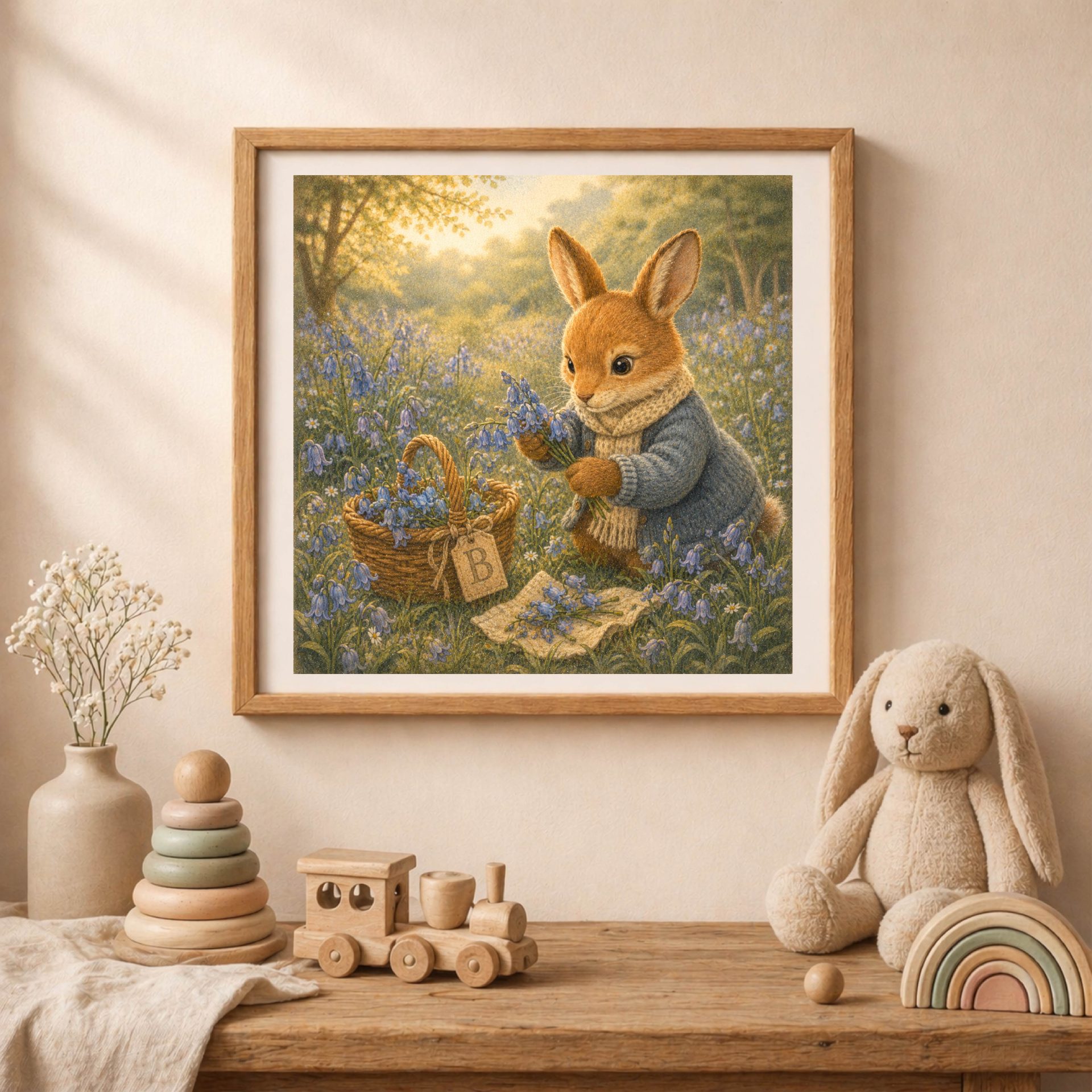 Woodland Bunny Monogram B Wall Art Printable Nursery Decor 2 Woodland Bunny Monogram Wall Art Printable displayed in cozy nursery room with neutral decor