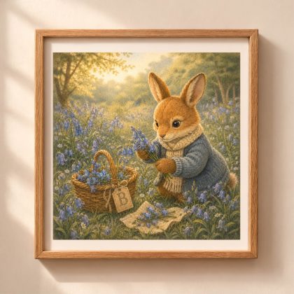 Woodland Bunny Monogram Wall Art Printable Nursery Decor with bluebell flowers and spring meadow bunny illustration