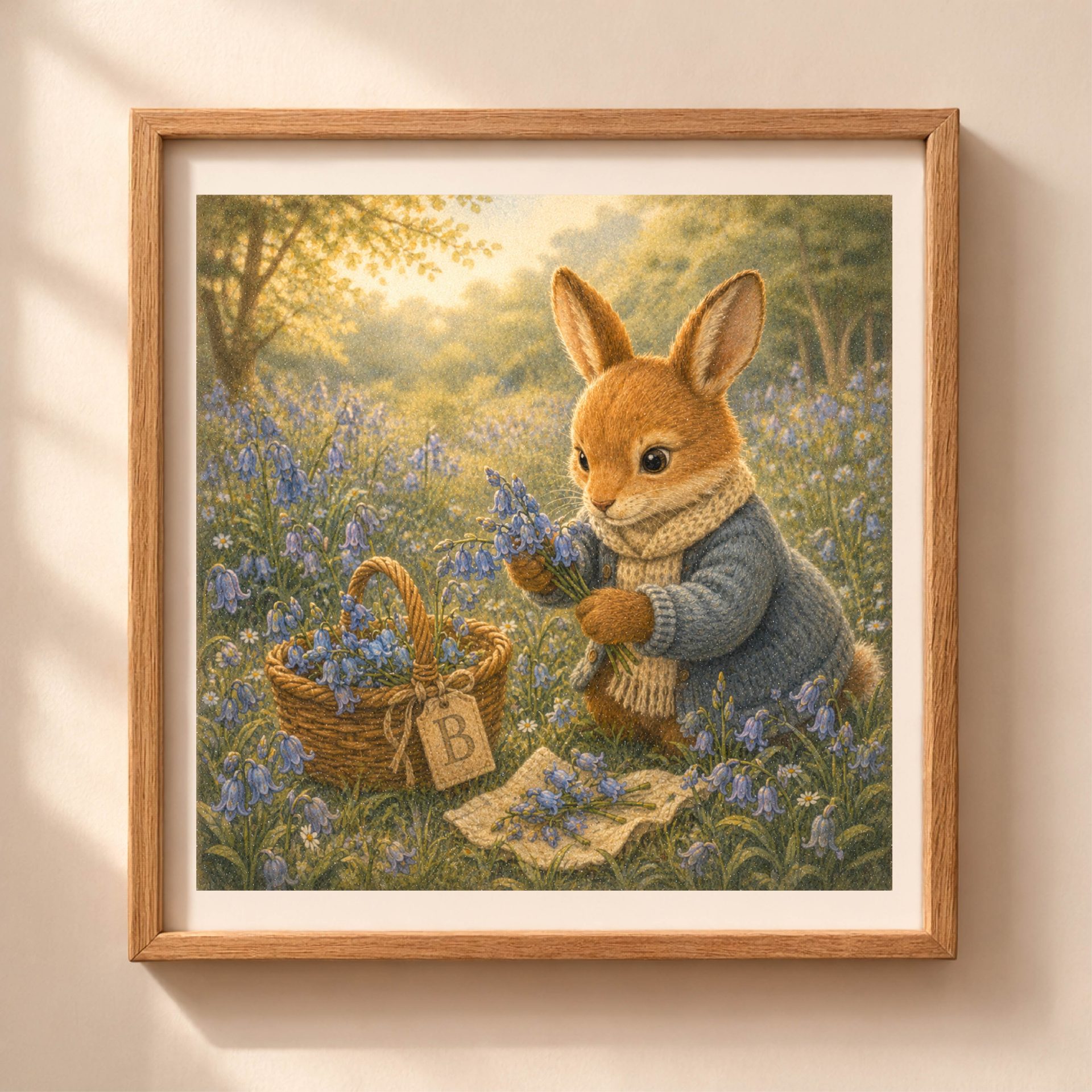 Woodland Bunny Monogram B Wall Art Printable Nursery Decor 1 Woodland Bunny Monogram Wall Art Printable Nursery Decor with bluebell flowers and spring meadow bunny illustration