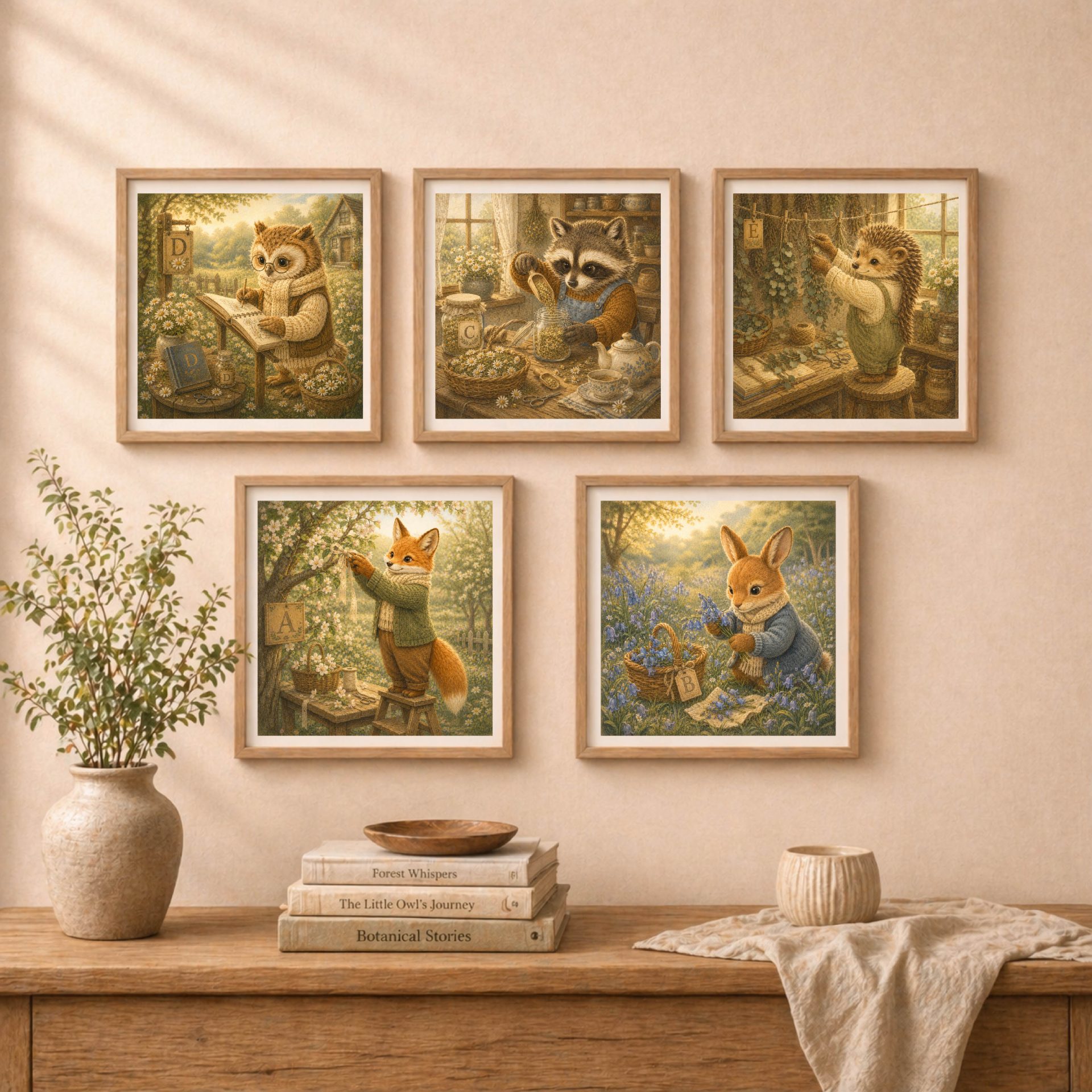 Woodland Raccoon Monogram C Wall Art Printable Nursery Decor 9 Quiet Woodland monogram gallery wall set with woodland animal alphabet illustrations for nursery decor