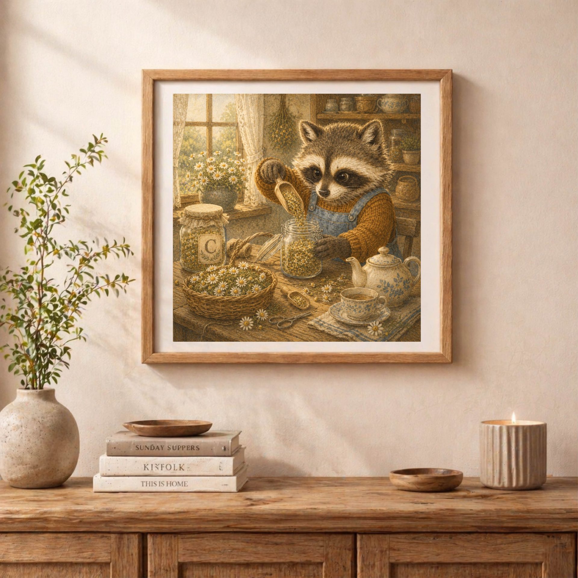 Woodland Raccoon Monogram C Wall Art Printable Nursery Decor 3 Quiet Woodland raccoon cottagecore wall art printable with chamomile tea illustration