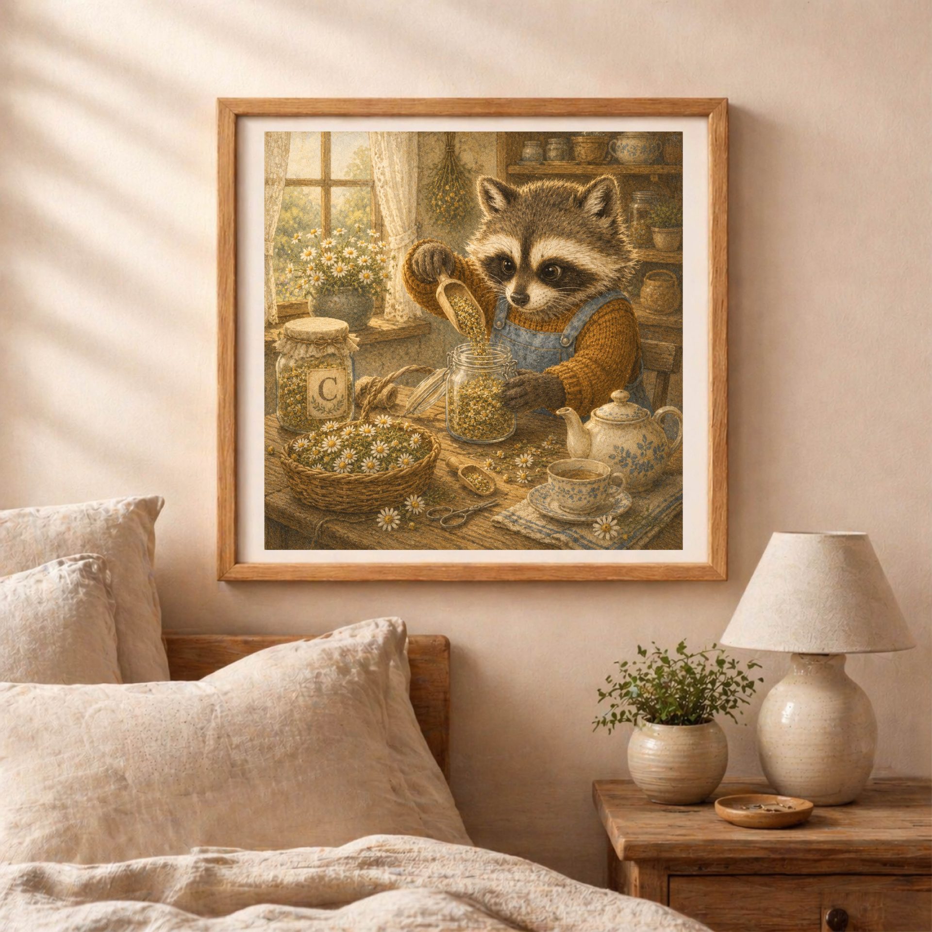 Woodland Raccoon Monogram C Wall Art Printable Nursery Decor 6 Woodland raccoon bedroom wall art printable in cozy cottage bedroom interior