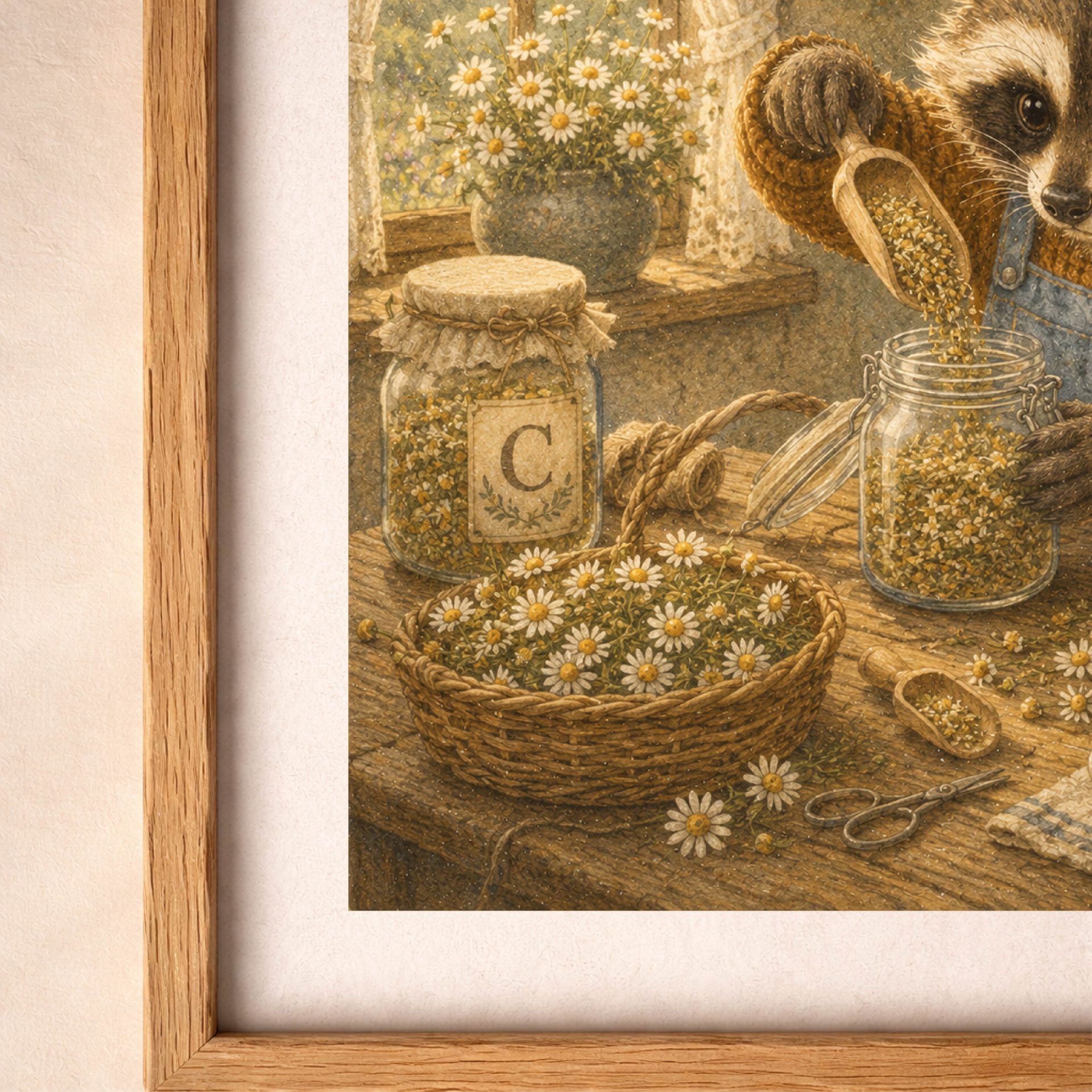 Woodland Raccoon Monogram C Wall Art Printable Nursery Decor 7 Close up of Woodland Raccoon Monogram C Wall Art Printable with chamomile flowers and cottagecore details