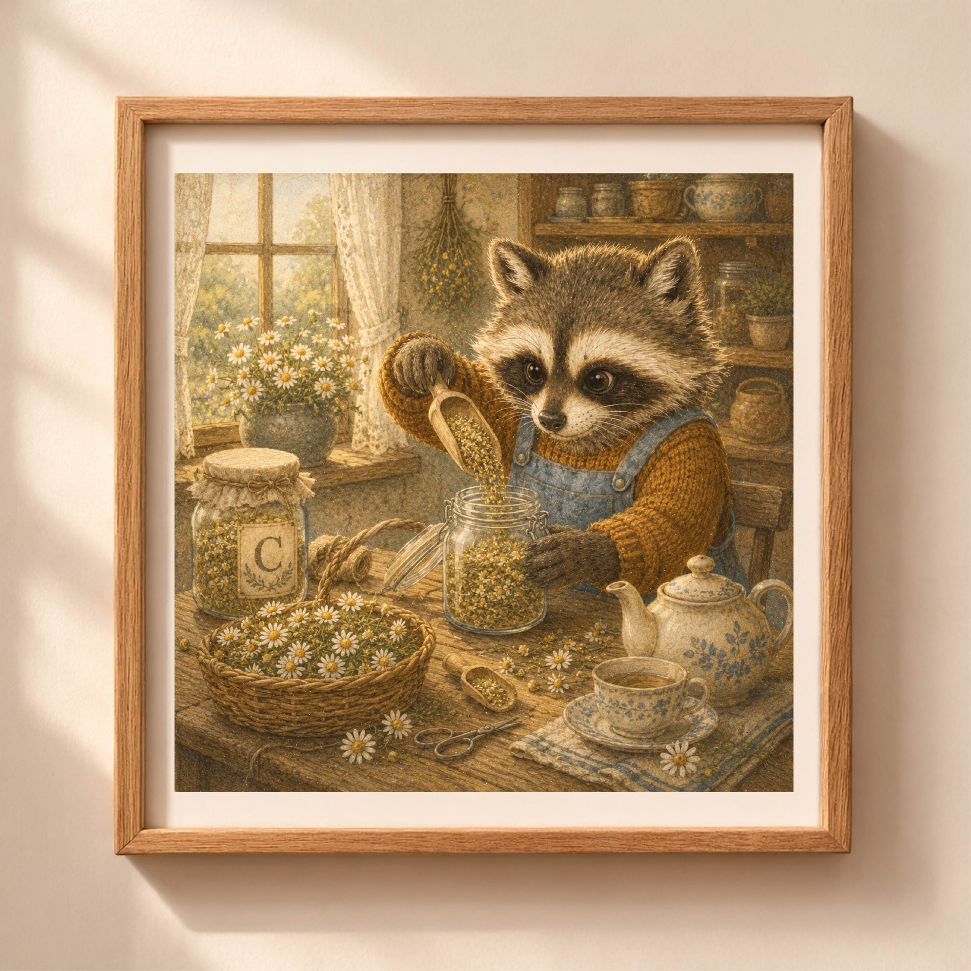 Woodland Raccoon Monogram C Wall Art Printable Nursery Decor 1 Woodland Raccoon Monogram C Wall Art Printable with chamomile flowers in cozy cottage kitchen