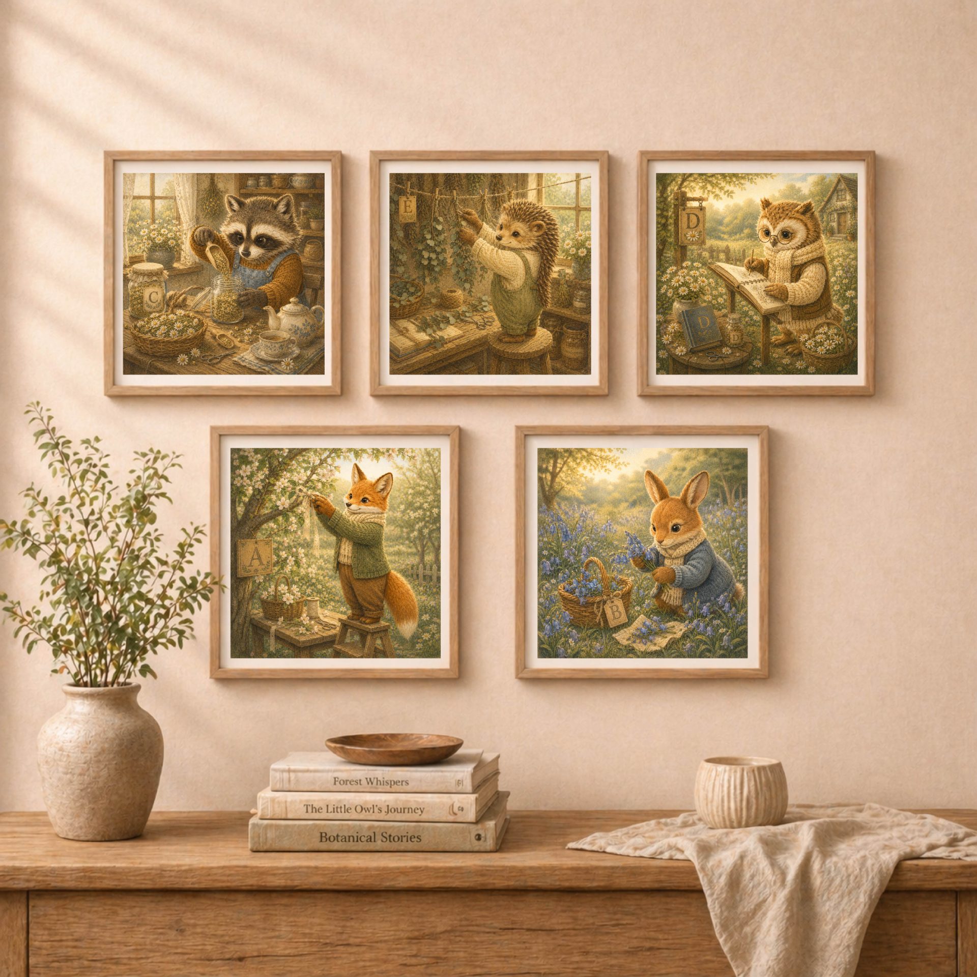 Woodland Hedgehog Monogram E Wall Art Printable Nursery Decor 9 Quiet Woodland monogram gallery wall featuring fox bunny owl hedgehog and raccoon printable nursery art