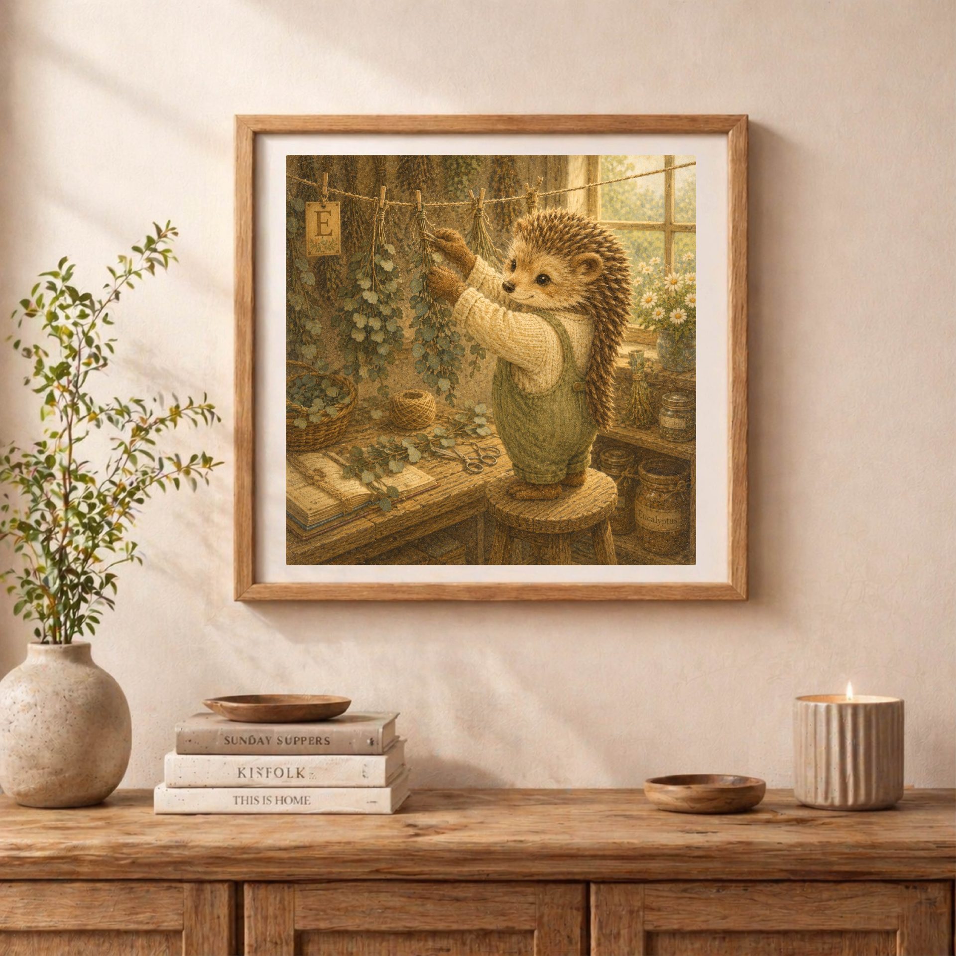 Woodland Hedgehog Monogram E Wall Art Printable Nursery Decor 3 Woodland Hedgehog Monogram E cottagecore printable wall art with eucalyptus herbs and cozy botanical decor