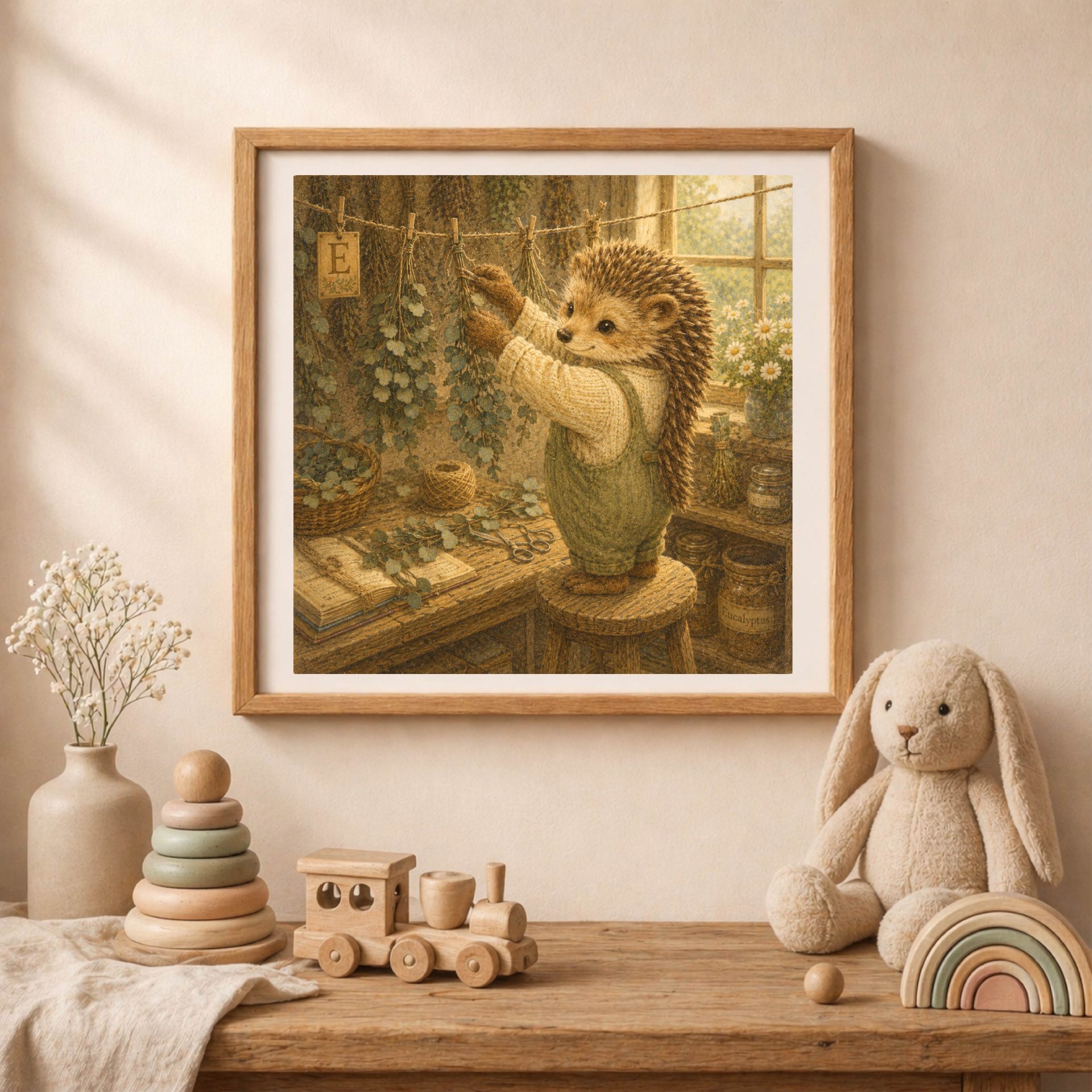 Woodland Hedgehog Monogram E Wall Art Printable Nursery Decor 2 Woodland Hedgehog Monogram E nursery wall art printable displayed in cozy neutral baby room interior