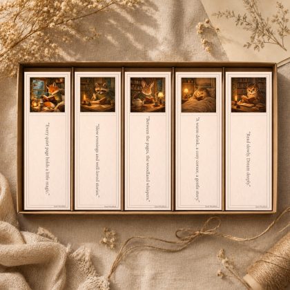 Quiet Woodland printable bookmarks set with woodland animal reading illustrations in cozy cottagecore style