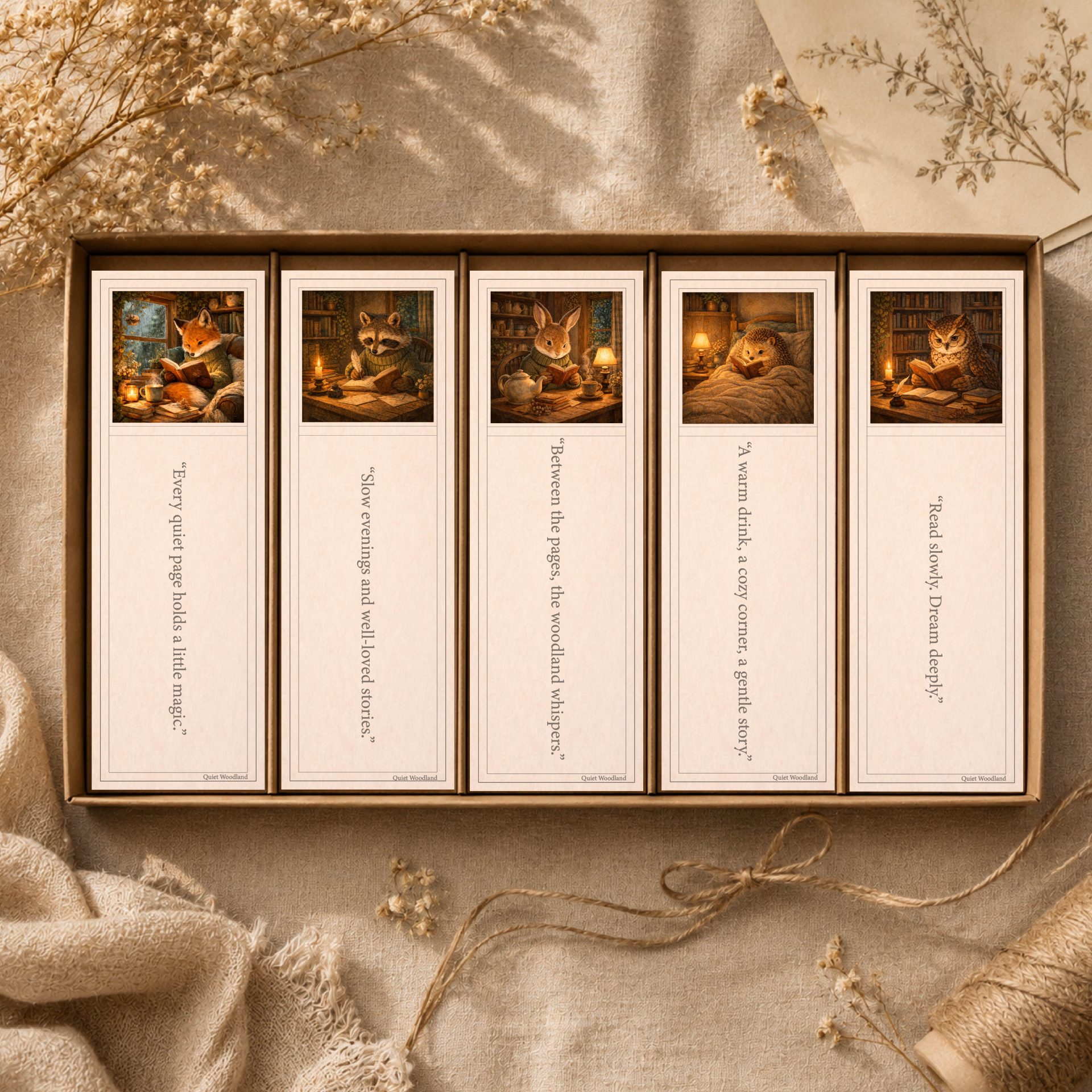 Woodland Printable Bookmarks Cozy Reading Cottagecore Set 1 Quiet Woodland printable bookmarks set with woodland animal reading illustrations in cozy cottagecore style