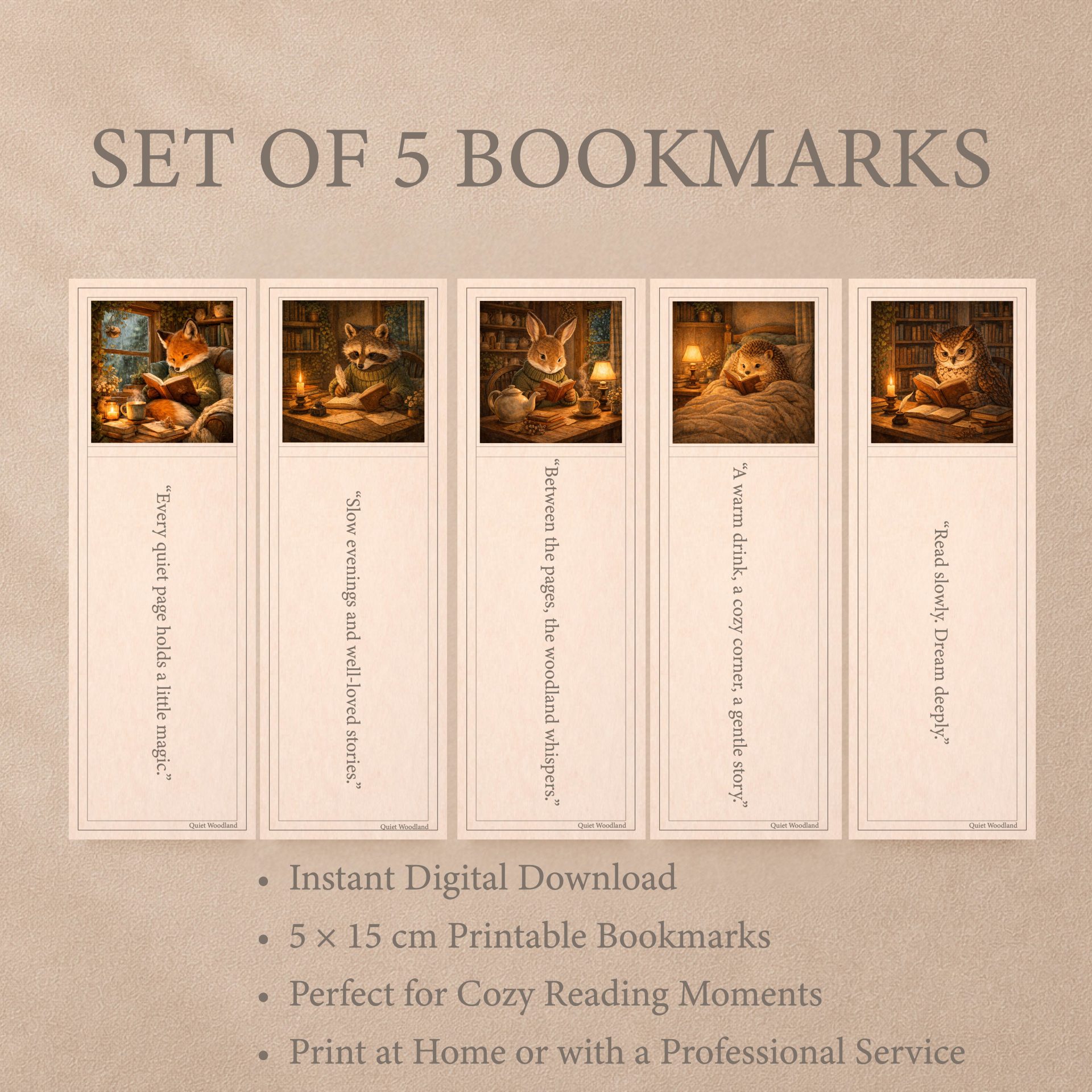 Woodland Printable Bookmarks Cozy Reading Cottagecore Set 4 Printable woodland bookmarks product information image with Quiet Woodland illustrations and printing details