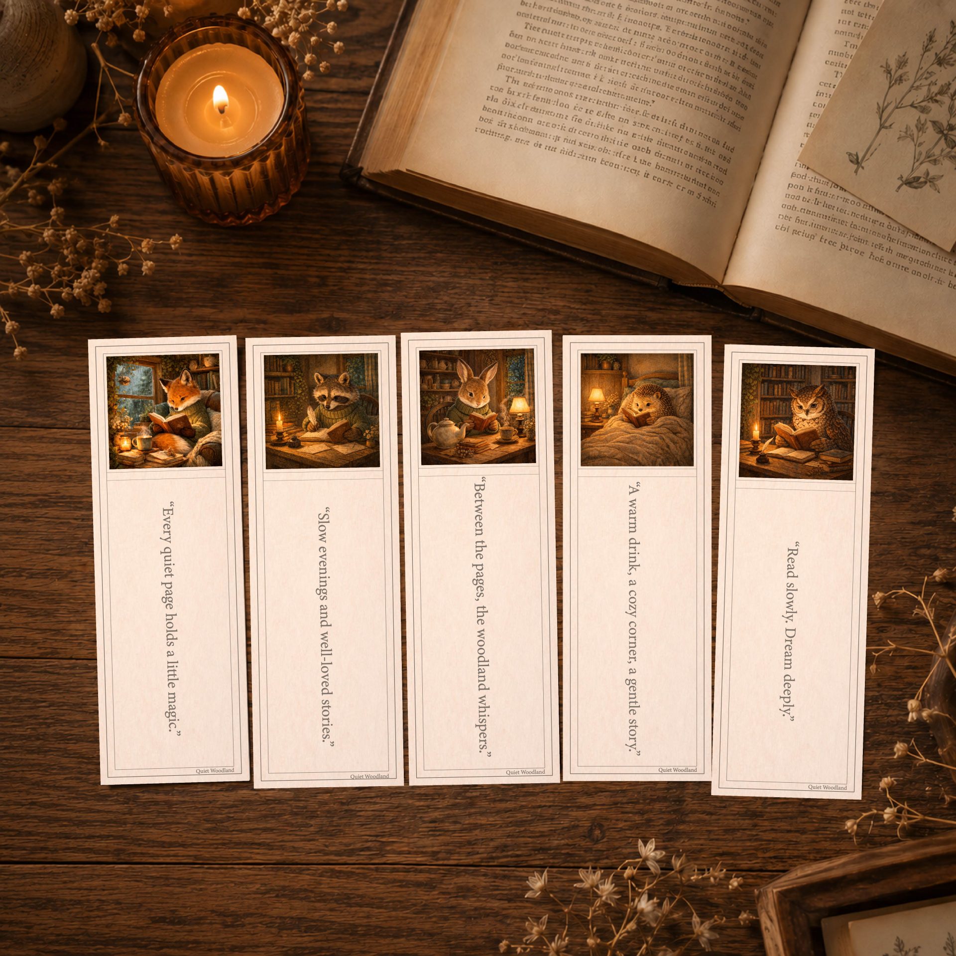Woodland Printable Bookmarks Cozy Reading Cottagecore Set 3 Quiet Woodland bookmarks styled with open book candlelight and warm reading atmosphere