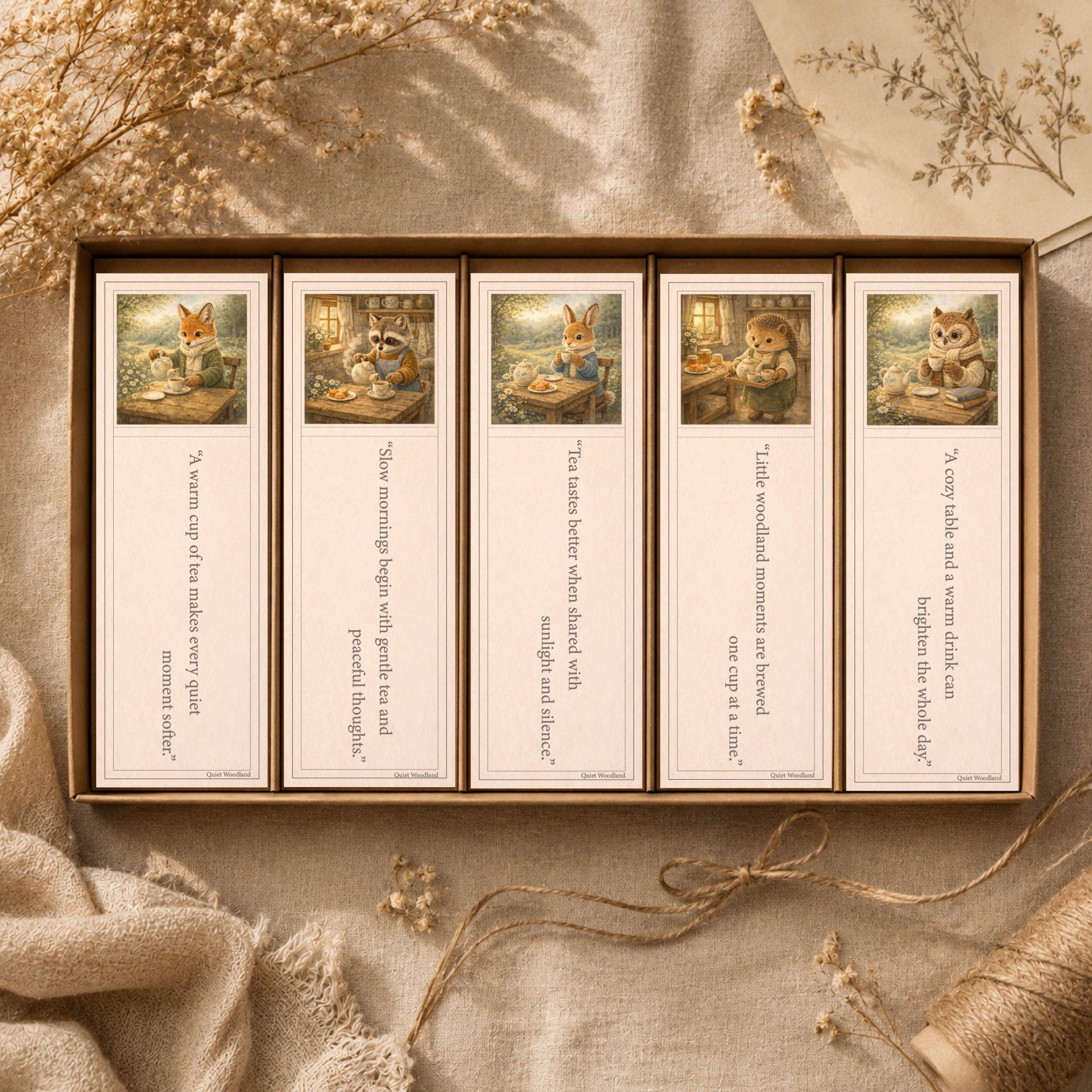 Printable Woodland Tea Time Bookmarks Cottagecore Set 1 Printable woodland tea time bookmarks with Quiet Woodland fox raccoon bunny hedgehog and owl illustrations in cozy cottagecore style