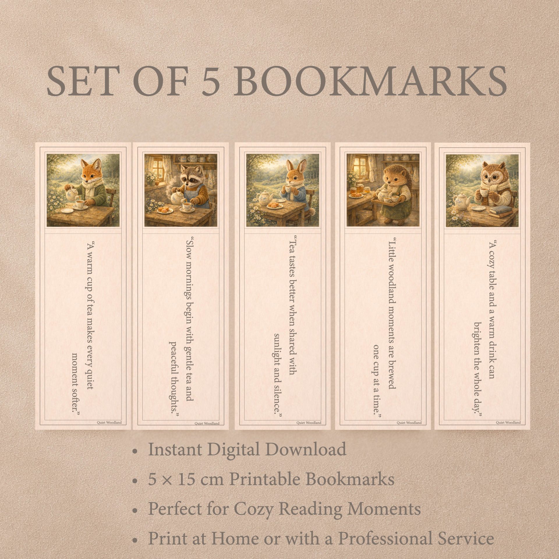 Printable Woodland Tea Time Bookmarks Cottagecore Set 4 Printable woodland tea time bookmarks information image with Quiet Woodland illustrations and printing details