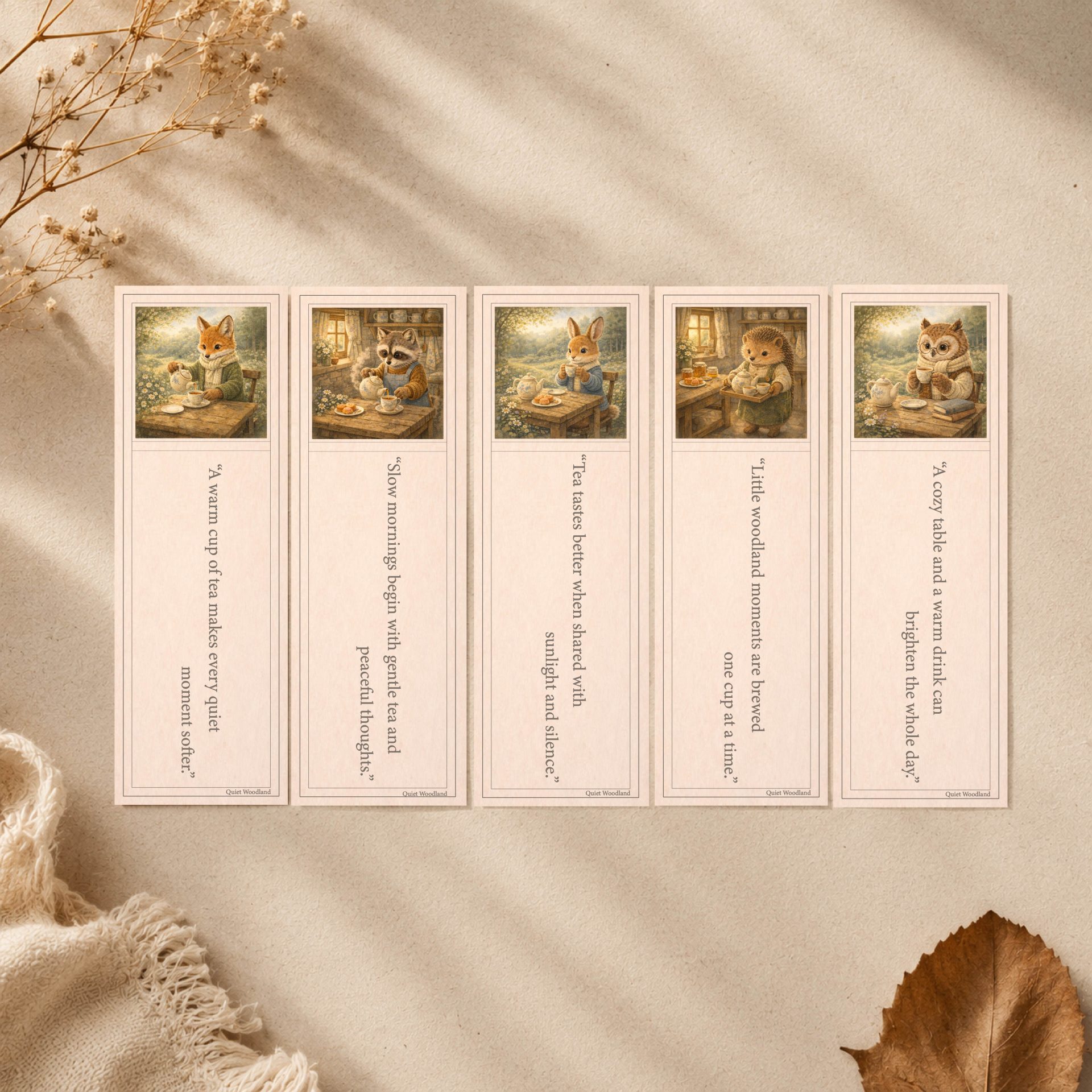 Printable Woodland Tea Time Bookmarks Cottagecore Set 2 Printable woodland tea time bookmarks flat lay with fox bunny owl raccoon and hedgehog illustrations